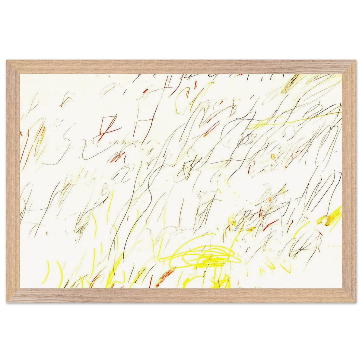Blue Room by Cy Twombly framed art print; featuring delicate, spontaneous scribbles and gestural lines in shades of black, red, orange; size 70 × 100 cm (28 × 40 in); black frame.