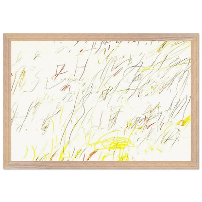 Blue Room by Cy Twombly framed art print; featuring delicate, spontaneous scribbles and gestural lines in shades of black, red, orange; size 70 × 100 cm (28 × 40 in); black frame.