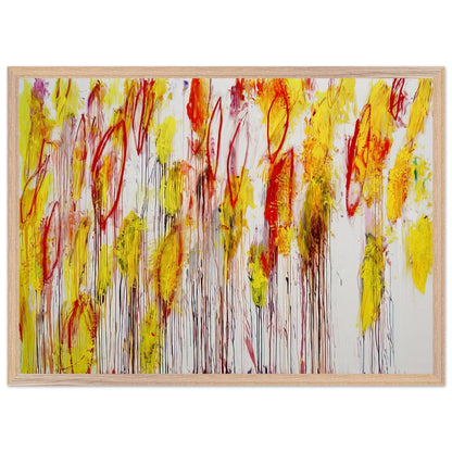 Lepanto, Part I by Cy Twombly framed art print; featuring vivid yellow and golden-orange brushstrokes, fiery red accents, delicate pink marks; size A1 (59.4 × 84.1 cm); black frame.