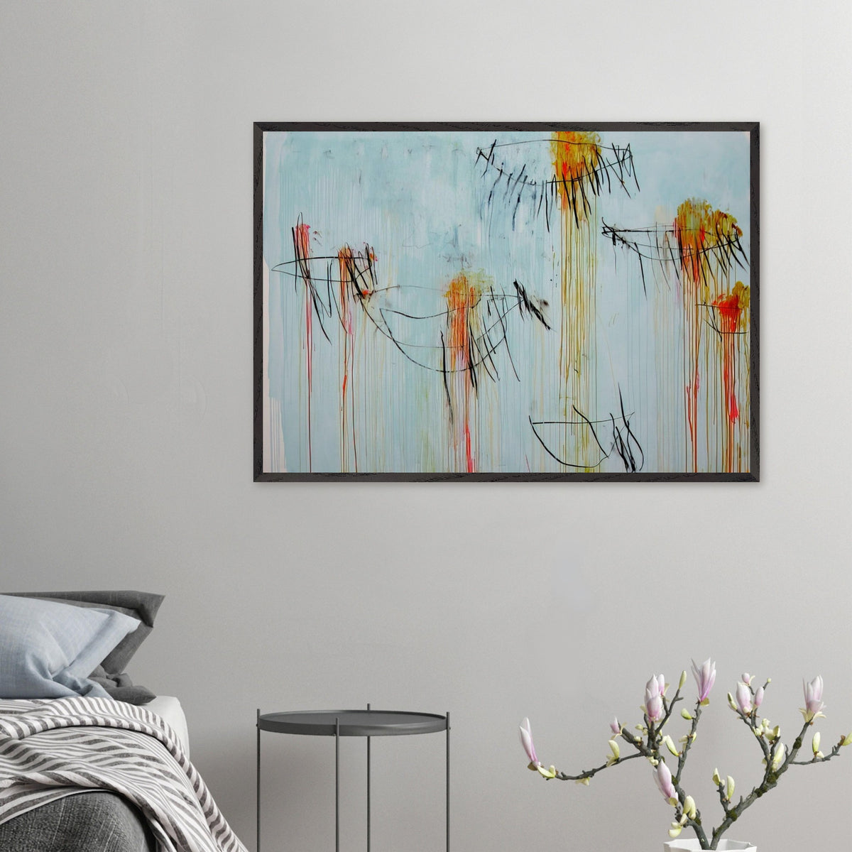 Lepanto, Part II by Cy Twombly framed art print; featuring a luminous turquoise-blue background, energetic black gestural lines, and vivid accents of yellow, orange.