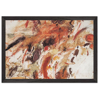 Ferragosto V by Cy Twombly framed art print; featuring energetic brushstrokes, layered pigments, and spontaneous gestures in shades of rust red, burnt orange; size 70 × 100 cm (28 × 40 in); white frame.