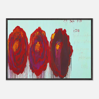 The Rose (IV) by Cy Twombly framed art print; featuring three oversized rose forms in deep crimson, fiery red, rich burgundy, and vivid violet.