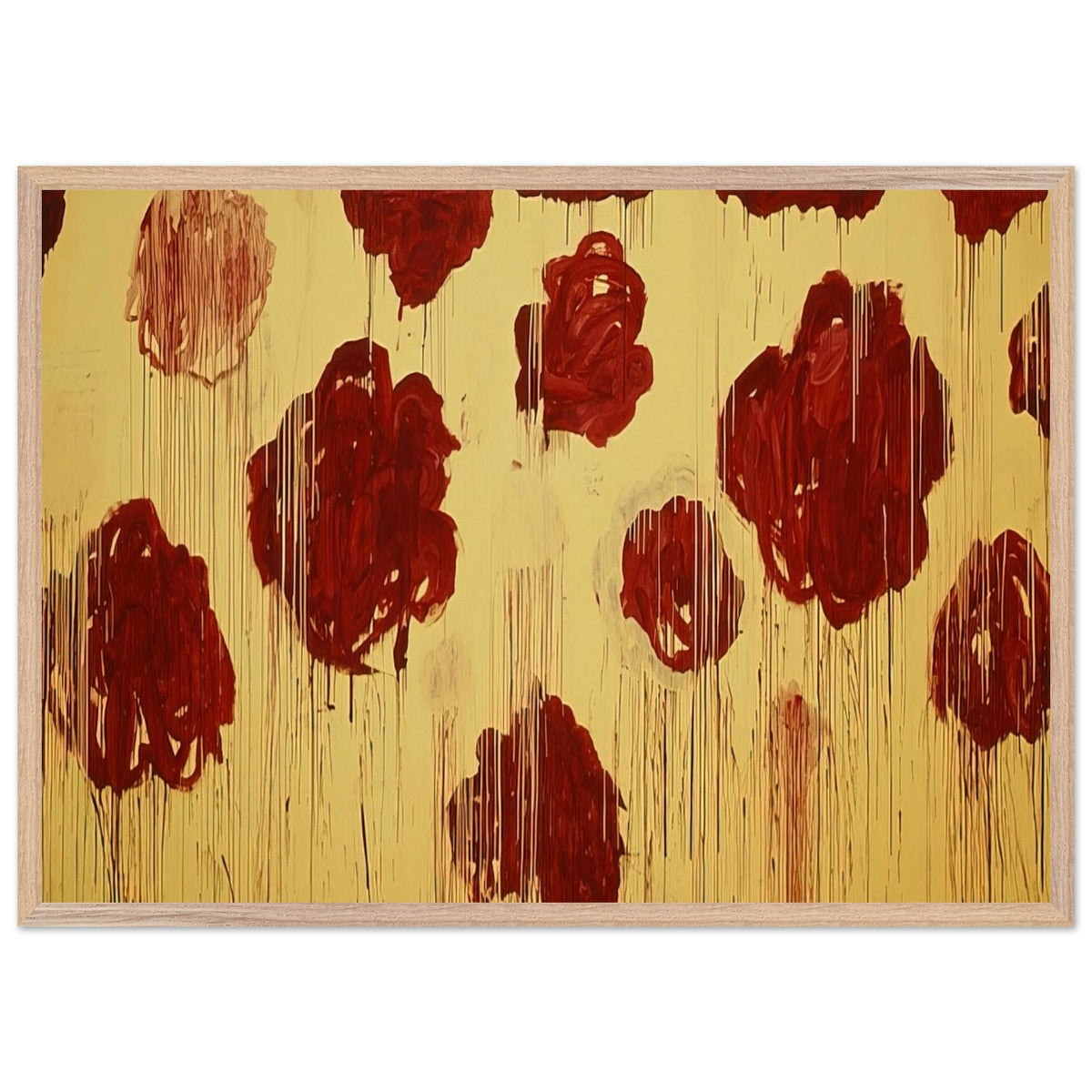 Untitled (Blooming, A Scattering of Blossoms & Other Things) by Cy Twombly framed art print; featuring vivid crimson-red and deep burgundy blossoms scattered across a luminous golden-yellow background; size 50 × 70 cm (20 × 28 in); white frame.