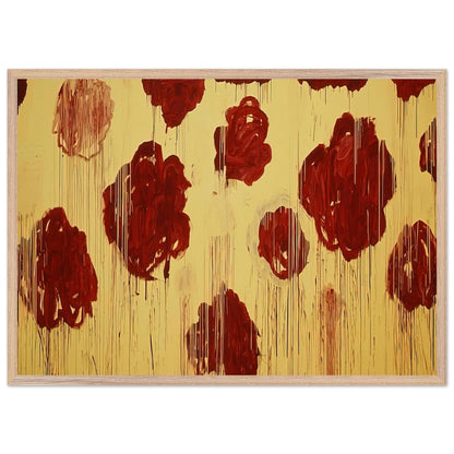 Untitled (Blooming, A Scattering of Blossoms & Other Things) by Cy Twombly framed art print; featuring vivid crimson-red and deep burgundy blossoms scattered across a luminous golden-yellow background; size 50 × 70 cm (20 × 28 in); white frame.