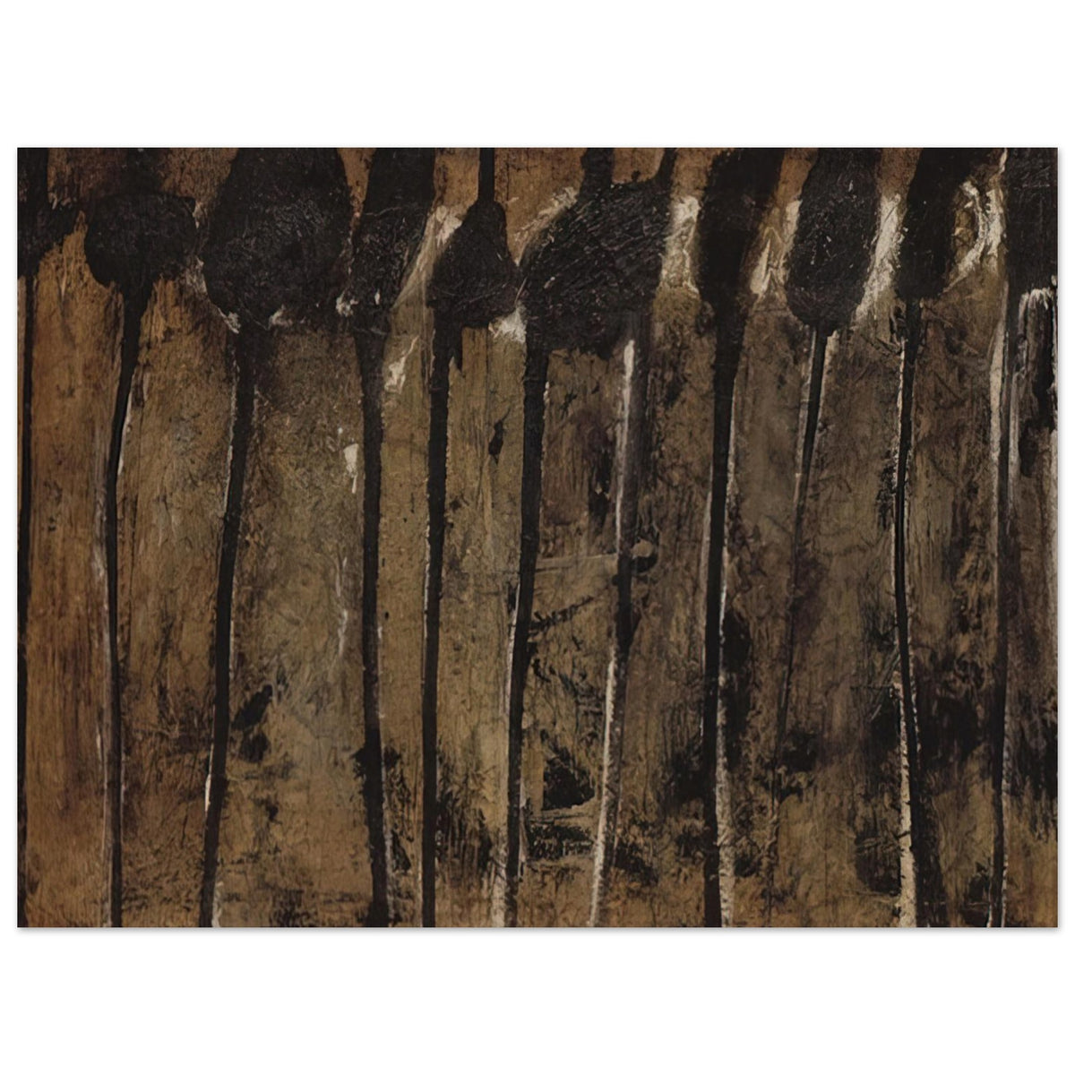 Solon I by Cy Twombly poster, 50 × 70 cm / 20 × 28 in: This atmospheric composition features elongated black and dark brown forms against a textured background….