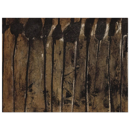 Solon I by Cy Twombly poster, 50 × 70 cm / 20 × 28 in: This atmospheric composition features elongated black and dark brown forms against a textured background….
