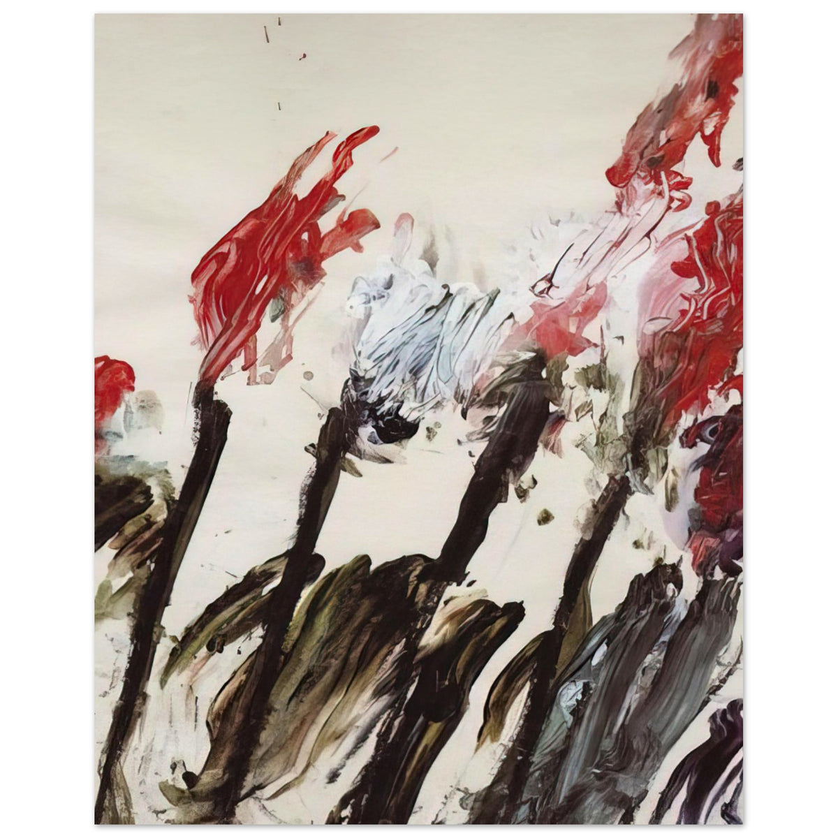 Nicola's Irises by Cy Twombly, poster, 40x50 cm / 16x20″; sweeping red and crimson brushstrokes, delicate pink accents, cool blue details, and dark gestural lines against a pale background