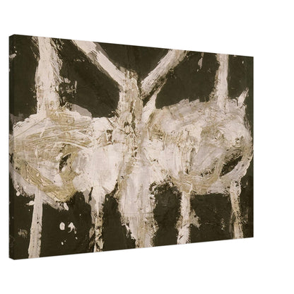Min-Oe by Cy Twombly canvas print, 70 × 100 cm / 28 × 40 in: This striking composition features thick ivory-white brushstrokes against a deep black background….