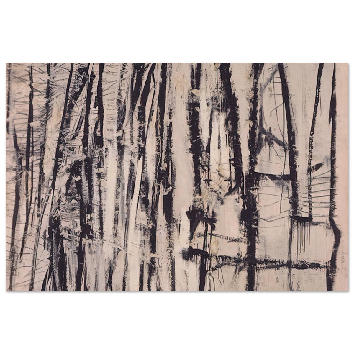 Quarzazat by Cy Twombly poster, 75 × 100 cm / 30 × 40 in: This atmospheric composition features a dense arrangement of vertical black and dark brown marks against….
