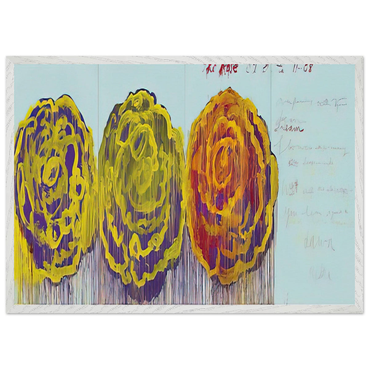 The Rose (III) by Cy Twombly framed art print; featuring three oversized rose-like forms in vivid golden yellow, fiery orange, rich magenta; size 60 × 90 cm (24 × 36 in); black frame.