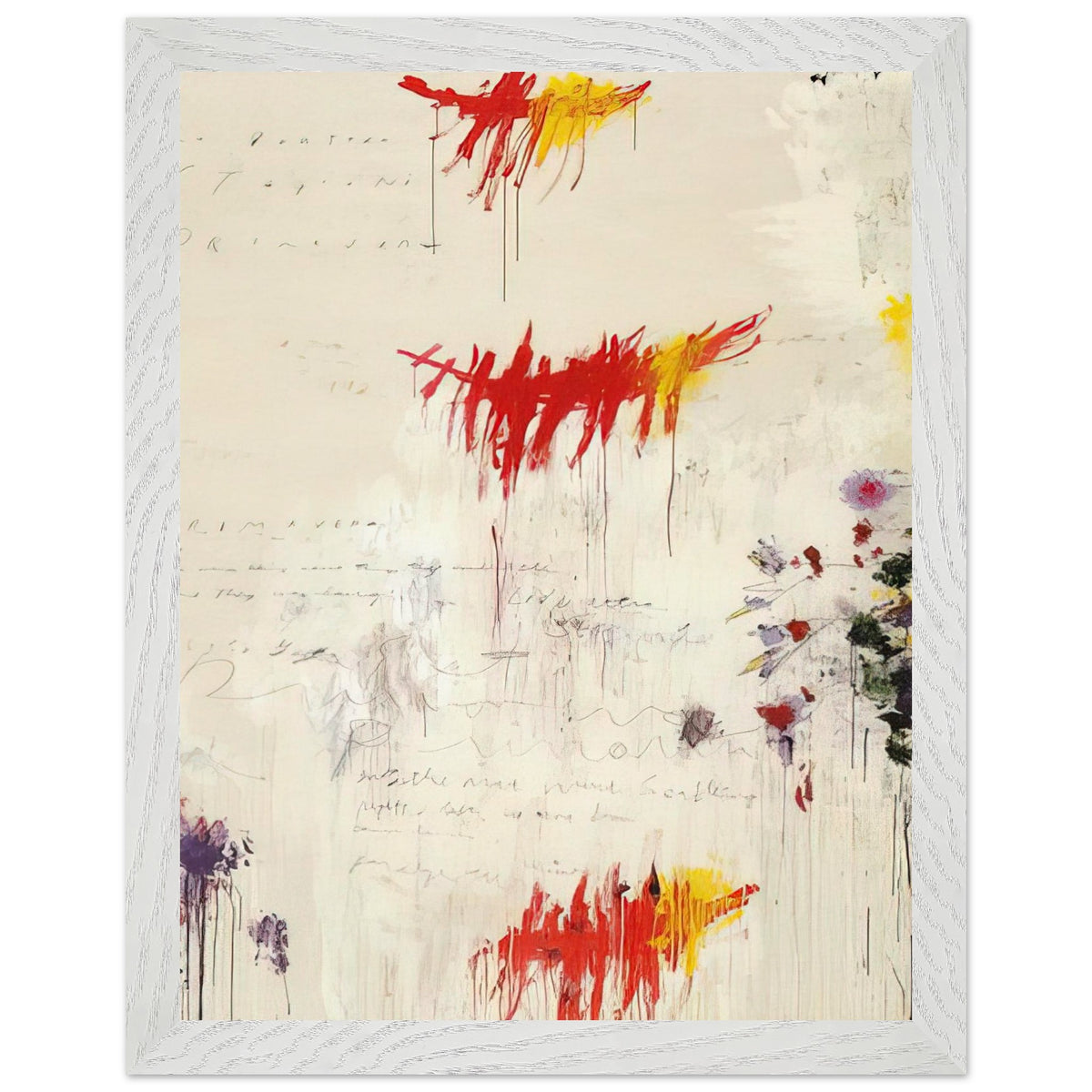 Quattro Stagioni I. Primavera by Cy Twombly, framed art print, energetic red and yellow brushstrokes, subtle purple and green details, 27x35 cm (11x14 in), wood frame