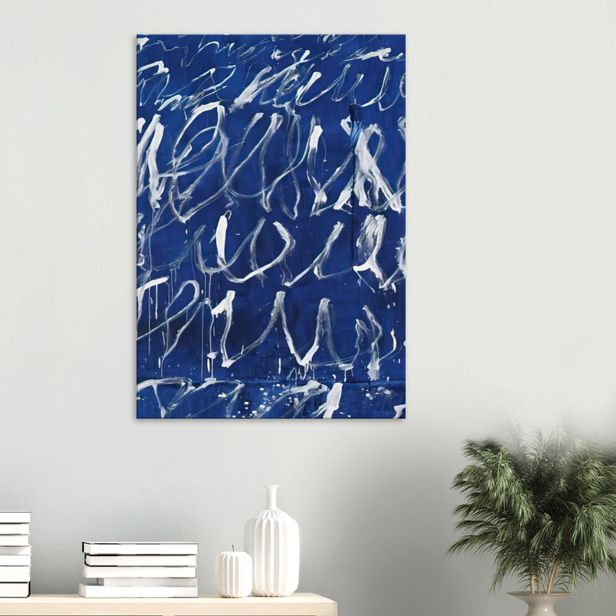 Untitled by Cy Twombly, canvas print, energetic white brushstrokes across a deep blue background, with