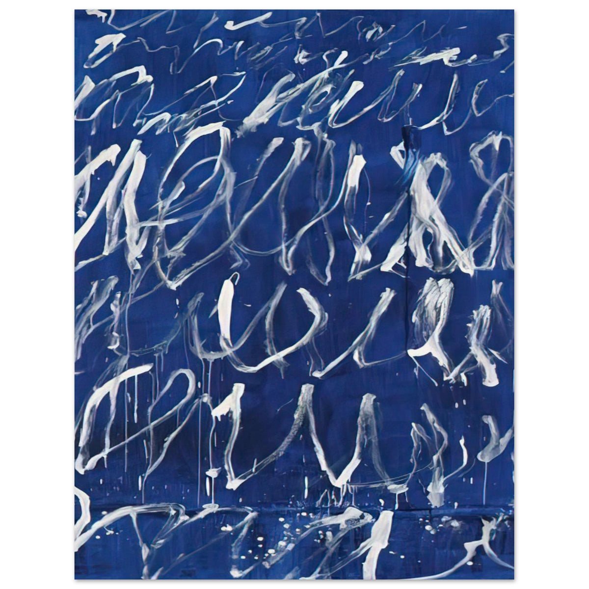 Untitled by Cy Twombly, poster, expressive white brushstrokes across a deep blue background, 27x35 cm (11x14 in)