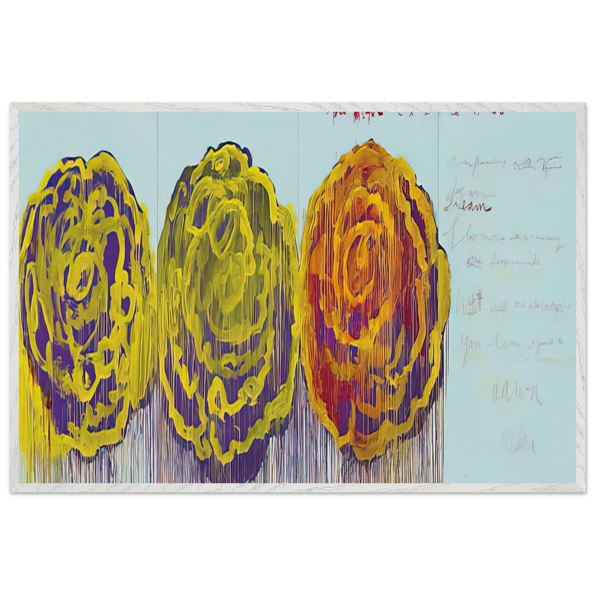 The Rose (III) by Cy Twombly framed art print; featuring three oversized rose-like forms in vivid golden yellow, fiery orange, rich magenta; size 30 × 45 cm (12 × 18 in); black frame.