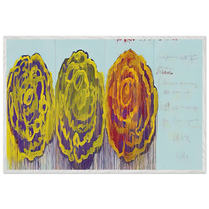 The Rose (III) by Cy Twombly framed art print; featuring three oversized rose-like forms in vivid golden yellow, fiery orange, rich magenta; size 30 × 45 cm (12 × 18 in); black frame.