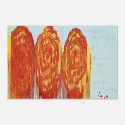 The Rose (II) by Cy Twombly poster: This expressive composition features three large, rose-inspired forms rendered in vivid shades of red….