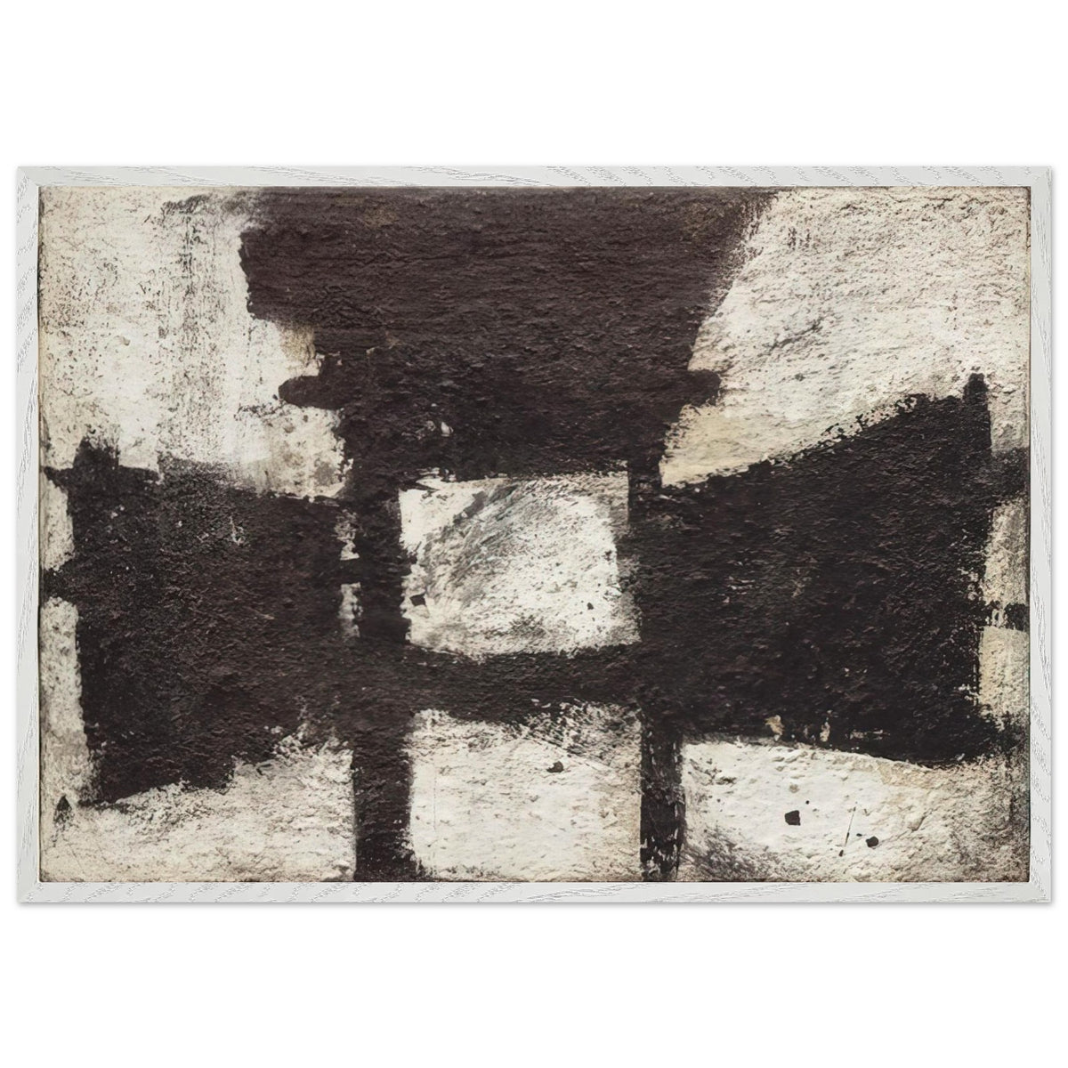 Zyig by Cy Twombly framed art print; featuring bold black and dark brown geometric forms against a textured ivory background; size 50 × 70 cm (20 × 28 in); black frame.