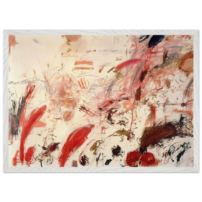 Ferragosto IV by Cy Twombly framed art print; featuring energetic red and pink brushstrokes, sweeping lines, layered marks, and contrasting accents of orange, brown; size A1 (59.4 × 84.1 cm); white frame.