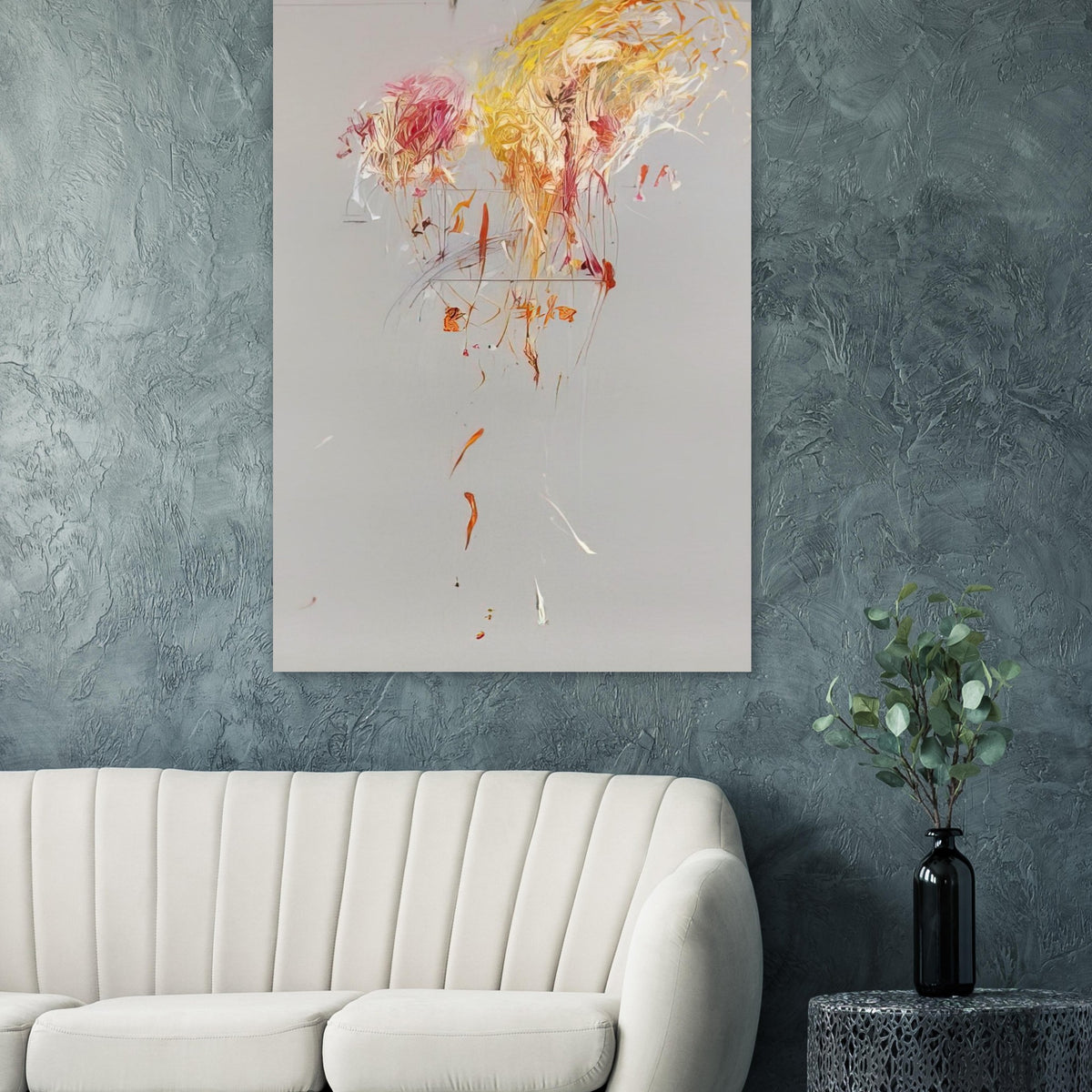 Nine Discourses on Commodus, Part IX by Cy Twombly, poster, muted gray background, energetic strokes of yellow and gold
