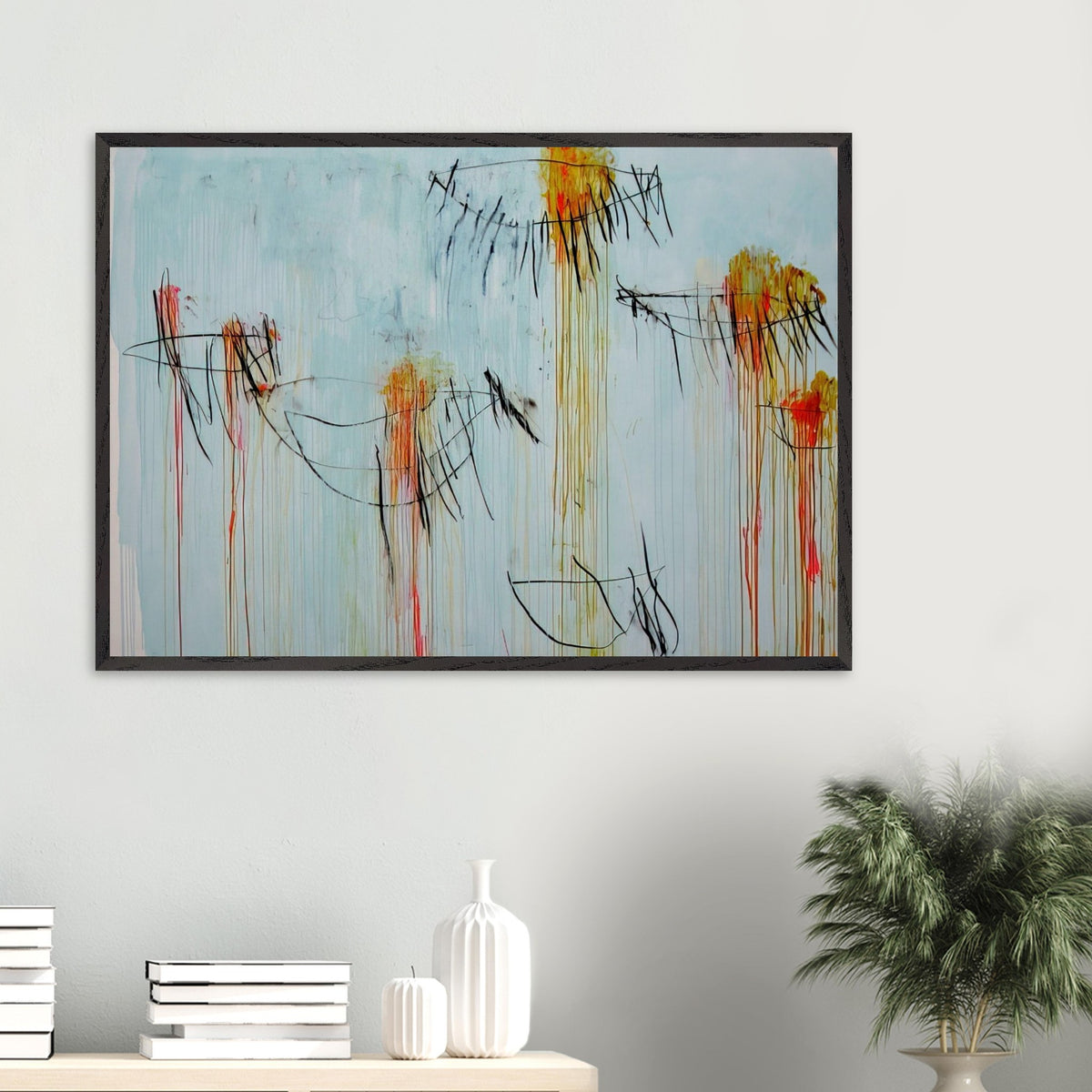 Lepanto, Part II by Cy Twombly framed art print; featuring a luminous turquoise-blue background, energetic black gestural lines, and vivid accents of yellow, orange.