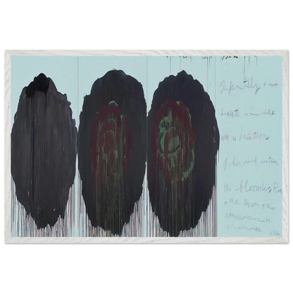The Rose (V) by Cy Twombly framed art print; featuring three monumental rose forms in deep black, charcoal, burgundy, and dark crimson; size 70 × 100 cm (28 × 40 in); wood frame.