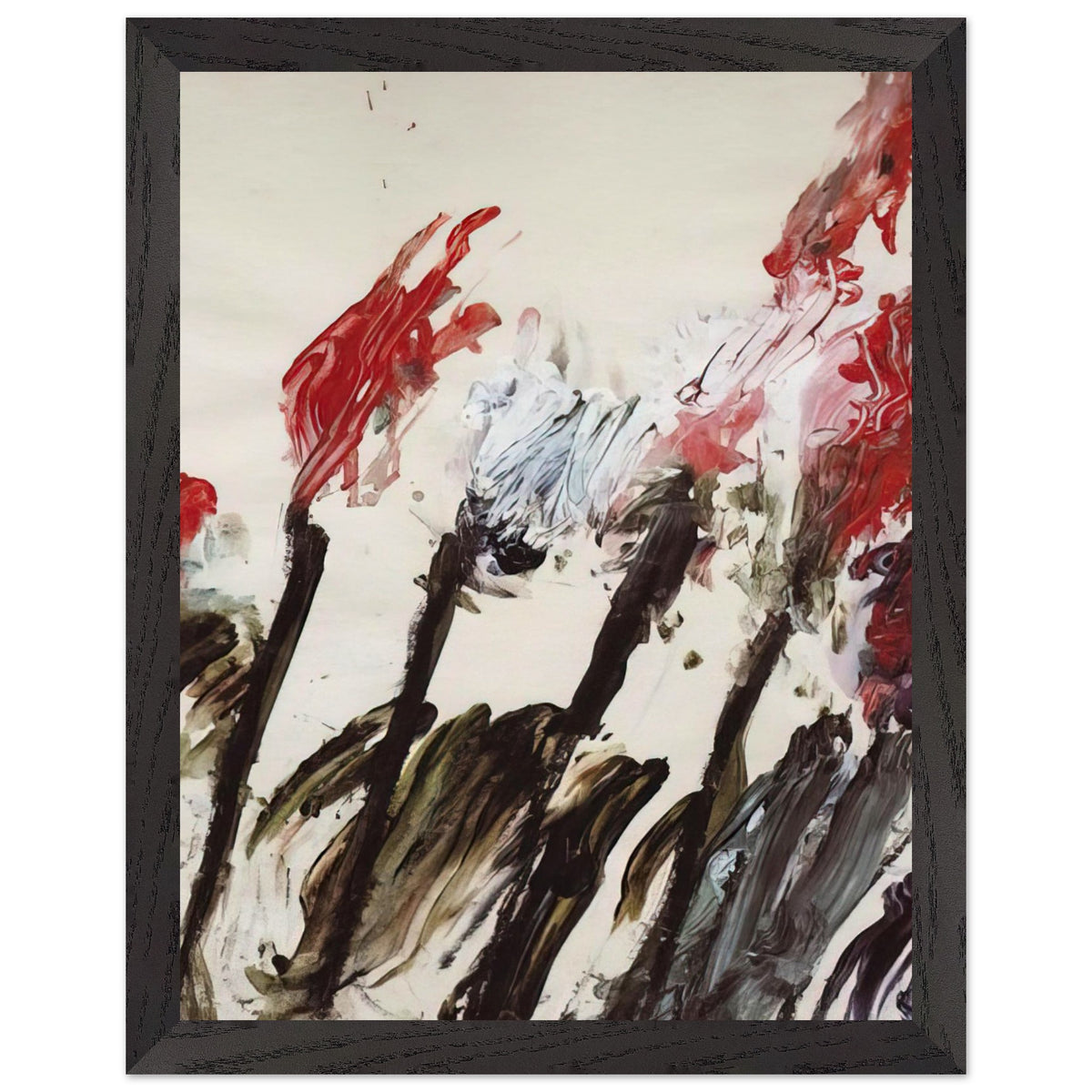 Nicola's Irises by Cy Twombly, framed art print, 60x80 cm / 24x32″, White frame; sweeping red and crimson brushstrokes, delicate pink accents, cool blue details