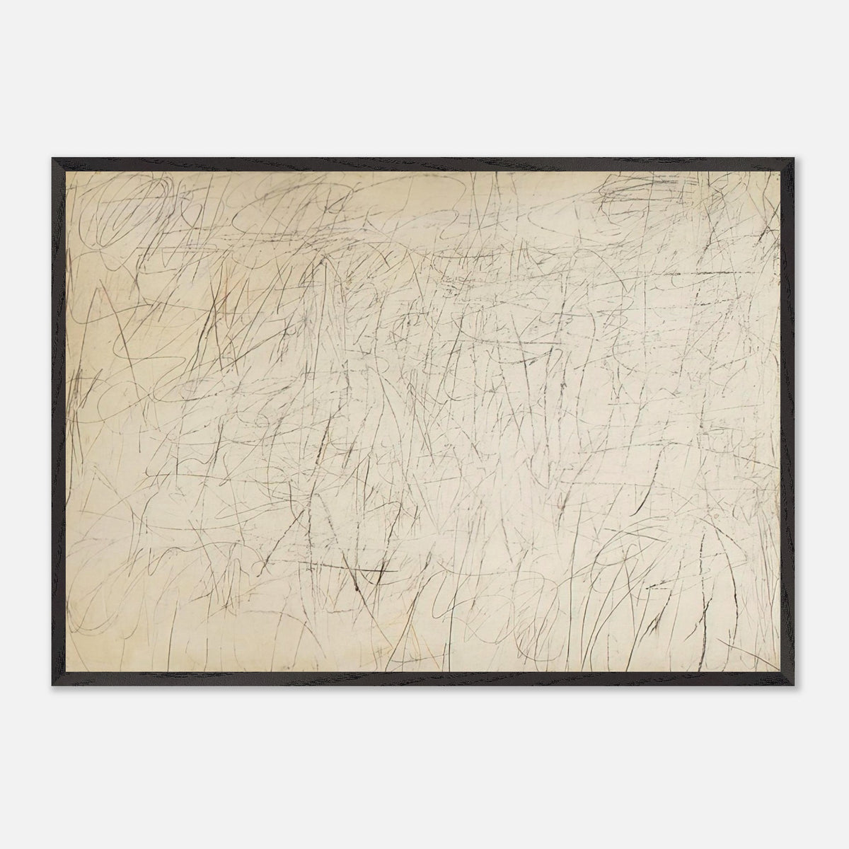 The Geeks by Cy Twombly framed art print; featuring an ivory and warm beige background covered with delicate pencil-like scribbles, intersecting lines.