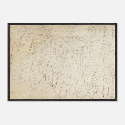 The Geeks by Cy Twombly framed art print; featuring an ivory and warm beige background covered with delicate pencil-like scribbles, intersecting lines.