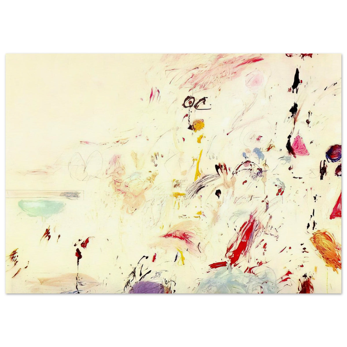 Bay of Naples by Cy Twombly poster, 60 × 90 cm / 24 × 36 in: a luminous cream background, delicate pencil-like marks, and spontaneous brushstrokes in red, pink….