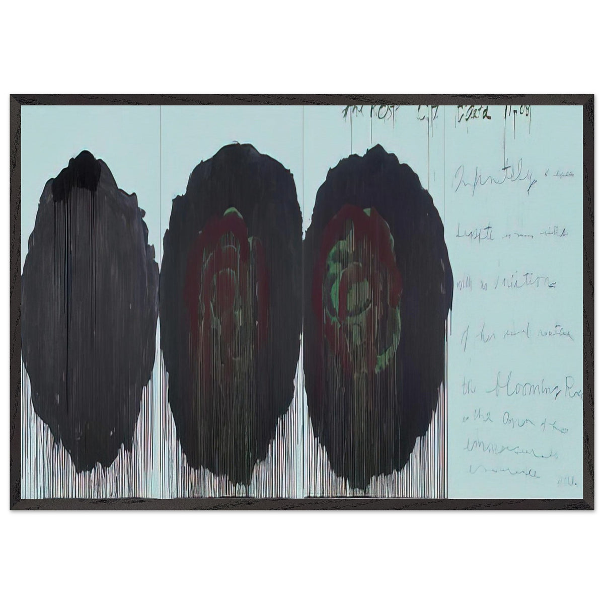 The Rose (V) by Cy Twombly framed art print; featuring three monumental rose forms in deep black, charcoal, burgundy, and dark crimson; size 800 × 1200 mm (32 × 48 in); white frame.