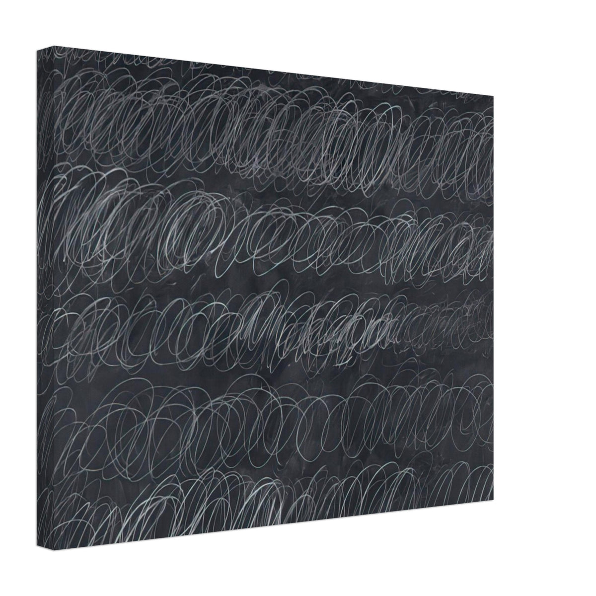 Cold Stream by Cy Twombly canvas print, 70 × 100 cm / 28 × 40 in: repeated rows of overlapping white and gray loops across a deep charcoal-gray background.