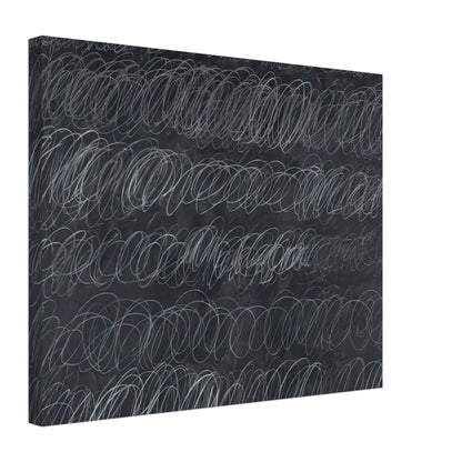 Cold Stream by Cy Twombly canvas print, 70 × 100 cm / 28 × 40 in: repeated rows of overlapping white and gray loops across a deep charcoal-gray background.