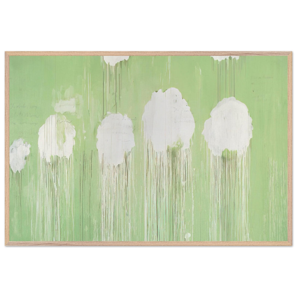 Untitled (Peony Blossom Painting) by Cy Twombly framed art print; featuring delicate white peony blossoms against a soft, luminous green background; size 28 × 43 cm (11 × 17 in); white frame.