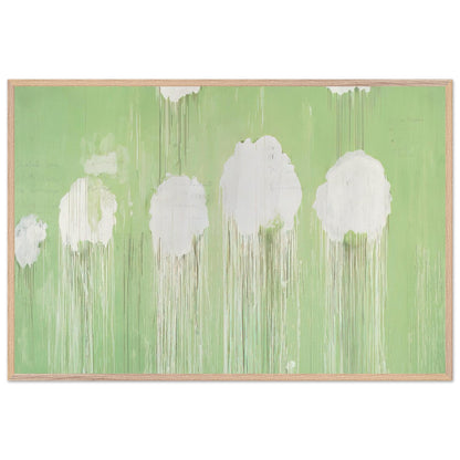 Untitled (Peony Blossom Painting) by Cy Twombly framed art print; featuring delicate white peony blossoms against a soft, luminous green background; size 28 × 43 cm (11 × 17 in); white frame.