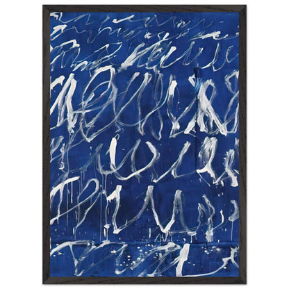 Untitled by Cy Twombly, framed art print, deep blue ground covered with energetic white brushstrokes, looping, 40x50 cm (16x20 in), black frame