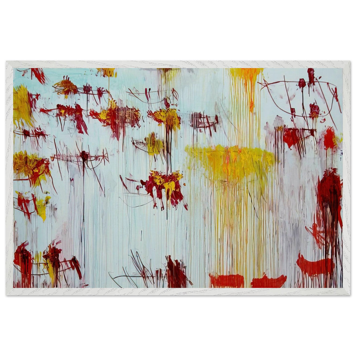 Lepanto, Part X by Cy Twombly framed art print; featuring a luminous pale blue and turquoise background, vivid golden-yellow brushstrokes; size 60 × 90 cm (24 × 36 in); white frame.