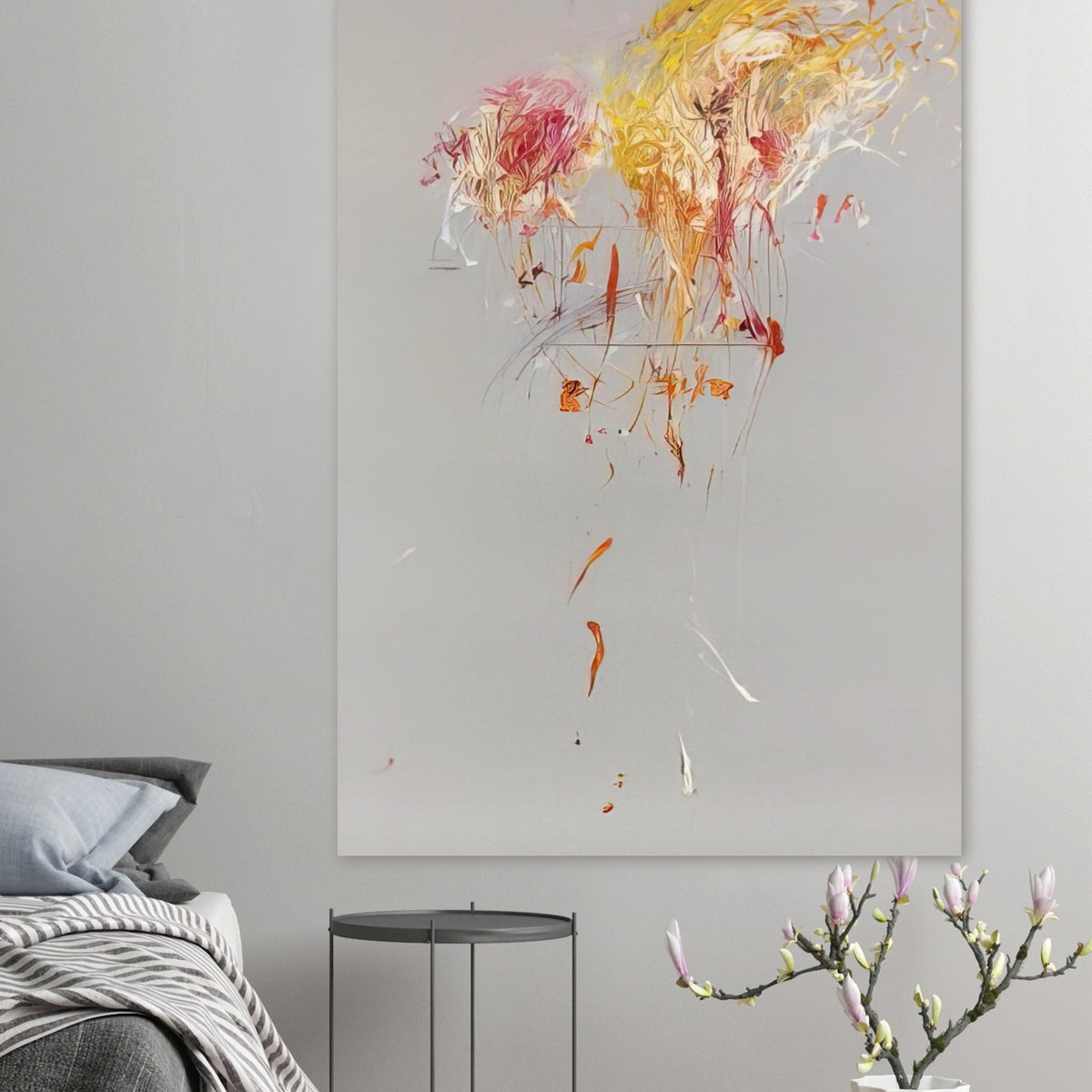 Nine Discourses on Commodus, Part IX by Cy Twombly, poster, muted gray background, energetic strokes of yellow and gold