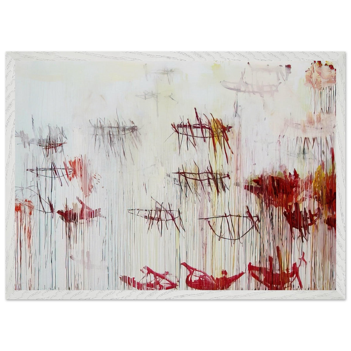 Lepanto, Part IX by Cy Twombly framed art print; featuring a luminous pale blue and ivory background, energetic crimson and burgundy marks, delicate yellow accents; size 30 × 45 cm (12 × 18 in); wood frame.