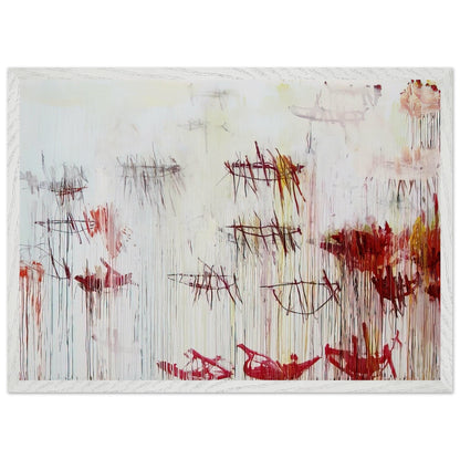 Lepanto, Part IX by Cy Twombly framed art print; featuring a luminous pale blue and ivory background, energetic crimson and burgundy marks, delicate yellow accents; size 30 × 45 cm (12 × 18 in); wood frame.