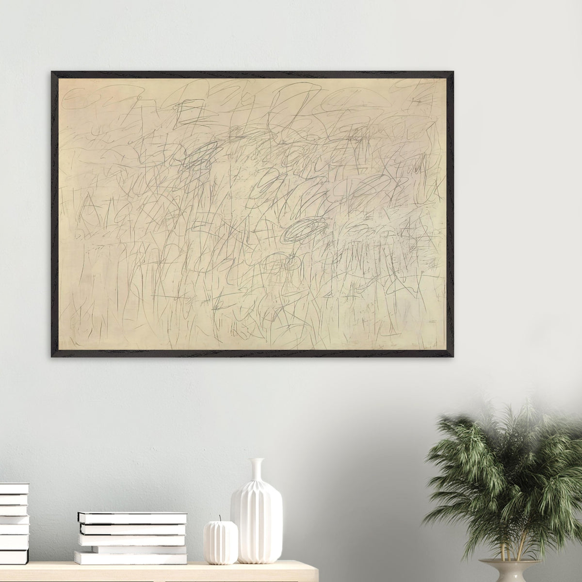 Academy by Cy Twombly framed art print; featuring an intricate network of delicate gray and black scribbles, overlapping lines, spontaneous gestures.