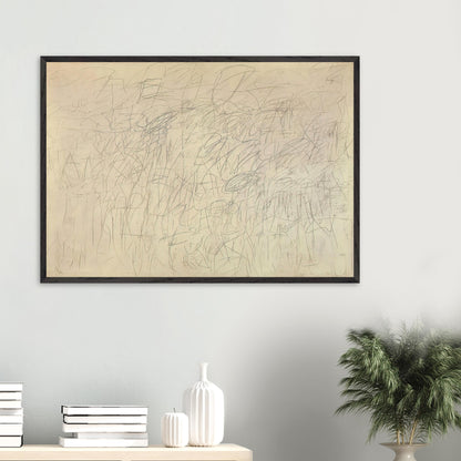 Academy by Cy Twombly framed art print; featuring an intricate network of delicate gray and black scribbles, overlapping lines, spontaneous gestures.