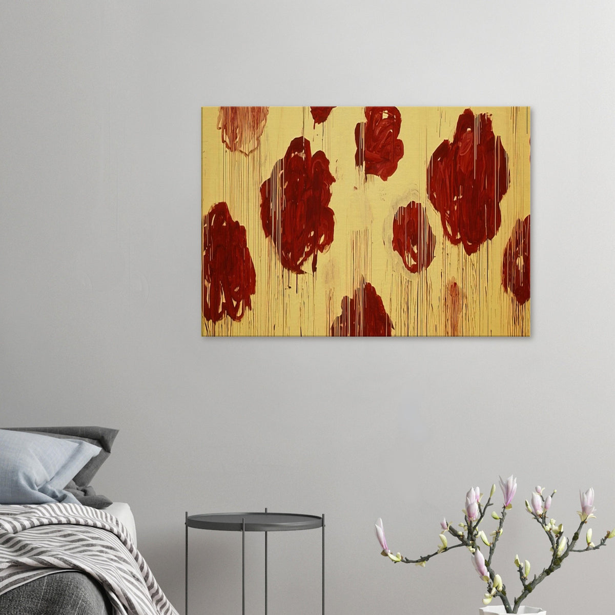 Untitled (Blooming, A Scattering of Blossoms & Other Things) by Cy Twombly canvas print: This striking composition features vivid red and burgundy forms scattered across a radiant golden-yellow….