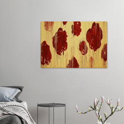 Untitled (Blooming, A Scattering of Blossoms & Other Things) by Cy Twombly canvas print: This striking composition features vivid red and burgundy forms scattered across a radiant golden-yellow….