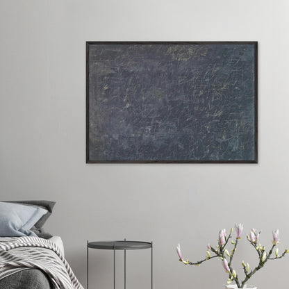 Panorama by Cy Twombly framed art print; featuring a deep charcoal-gray background covered with intricate white and pale-gray scribbles, intersecting lines.