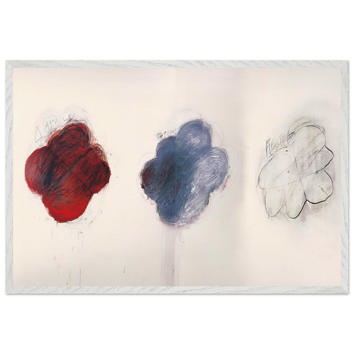 Fifty Days at Iliam: Shades of Achilles, Patroclus, and Hector by Cy Twombly framed art print; featuring three large, cloud-like forms arranged horizontally against a luminous ivory background; size A1 (59.4 × 84.1 cm); white frame.