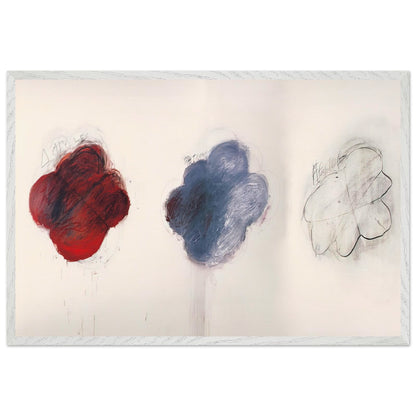 Fifty Days at Iliam: Shades of Achilles, Patroclus, and Hector by Cy Twombly framed art print; featuring three large, cloud-like forms arranged horizontally against a luminous ivory background; size A1 (59.4 × 84.1 cm); white frame.