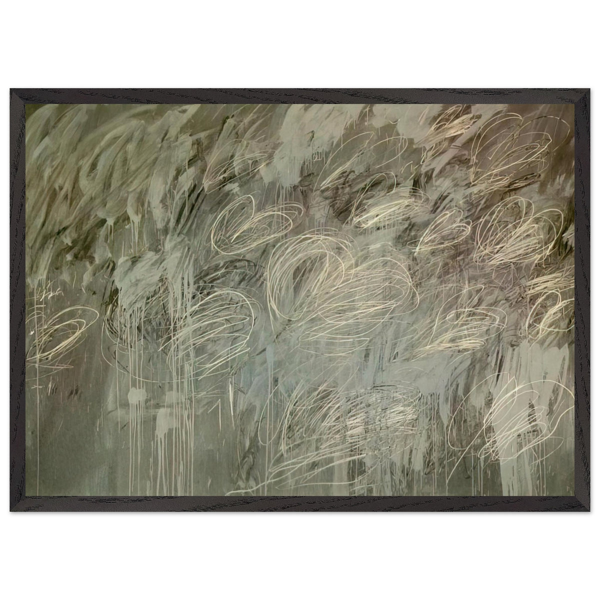 III Notes from Salalah (Note II) by Cy Twombly framed art print; featuring intricate ivory and pale gray looping lines across a richly layered background of muted olive green, gray; size 50 × 70 cm (20 × 28 in); black frame.