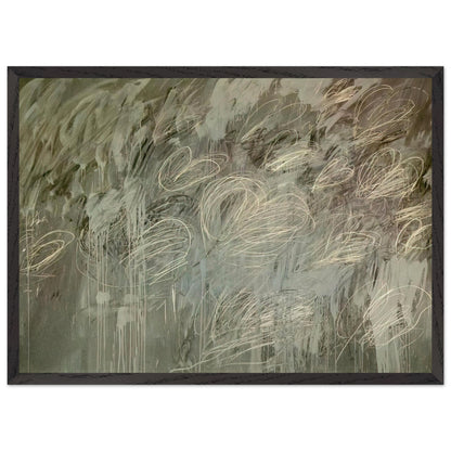 III Notes from Salalah (Note II) by Cy Twombly framed art print; featuring intricate ivory and pale gray looping lines across a richly layered background of muted olive green, gray; size 50 × 70 cm (20 × 28 in); black frame.