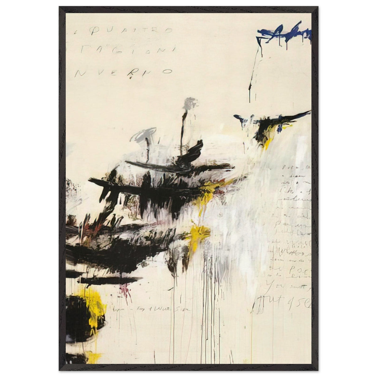 Quattro Stagioni I. Inverno by Cy Twombly, framed art print, bold black brushstrokes, flowing paint drips, 27x35 cm (11x14 in), white frame