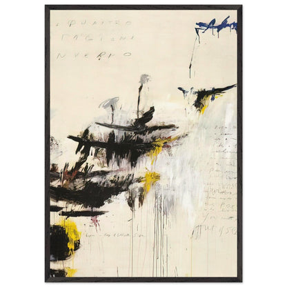 Quattro Stagioni I. Inverno by Cy Twombly, framed art print, bold black brushstrokes, flowing paint drips, 27x35 cm (11x14 in), white frame